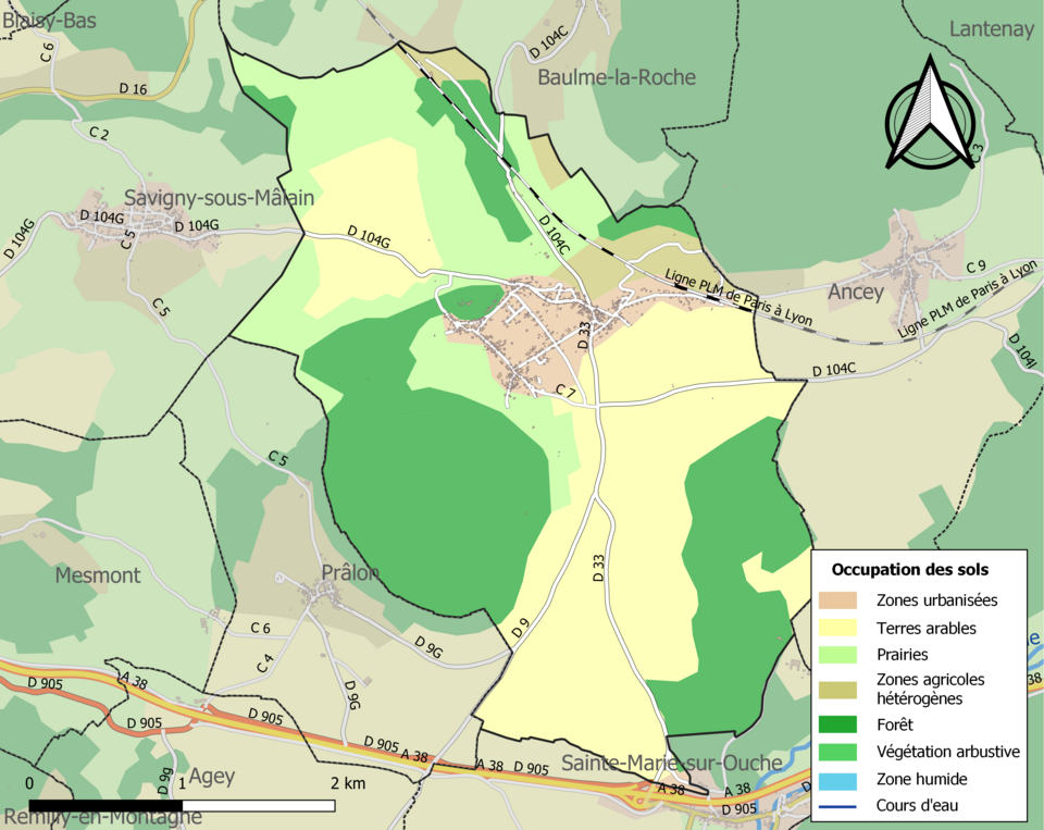 Carte des infrastructures et de l'occupation des sols de la commune en 2018 (CLC).